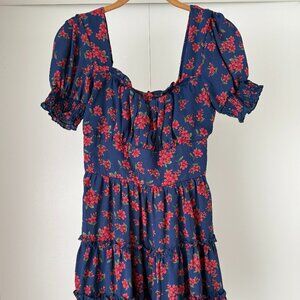 Trixxi Navy Blue Mini Dress – Ruched Chest Puff Sleeve with Red Floral Print